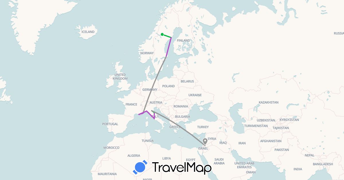 TravelMap itinerary: driving, bus, plane, train in France, Italy, Jordan, Sweden, San Marino (Asia, Europe)